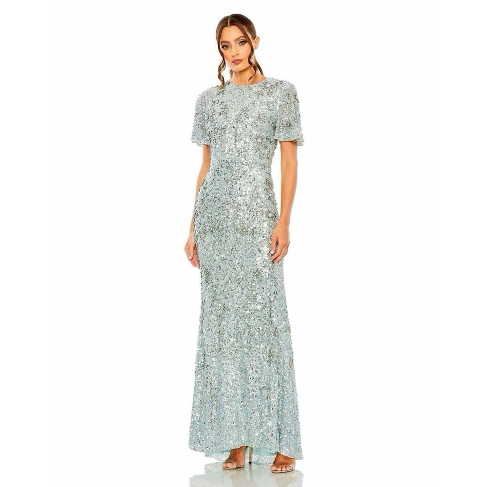 Mac Duggal 93932 Flutter Sleeve Sequin High Neck Gown Blue Size 16 NWT $998